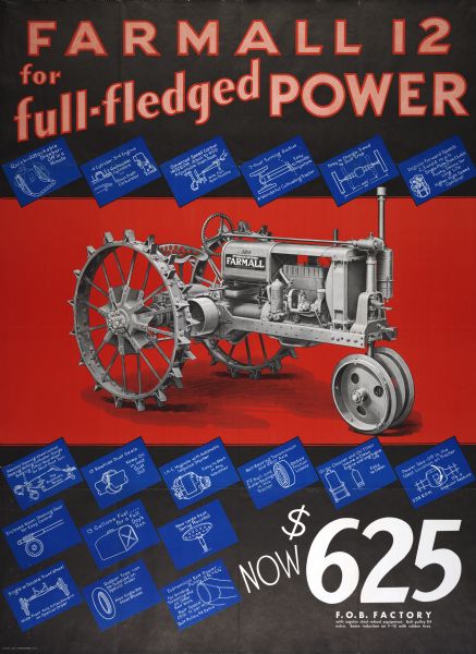 Advertising poster for the Farmall 12 (F-12) tractor showing a black and white image of the tractor on an orange background. Includes a series of blue parts drawings illustrating the features and the text "Farmall 12 for Full-Fledged Power."