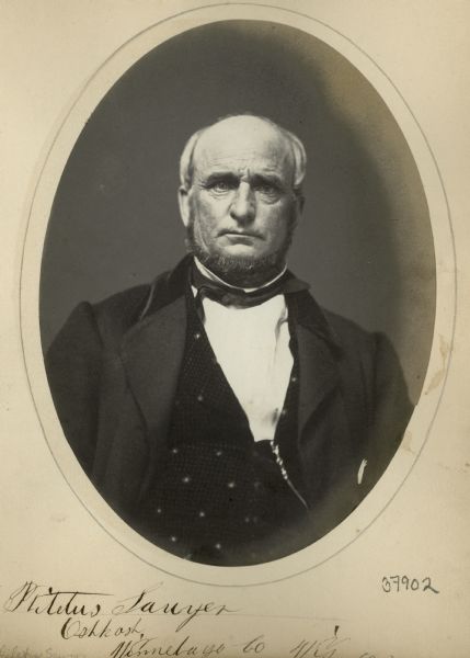 Philetus Sawyer (1816-1900), lumberman and politician from Oshkosh, Wisconsin.  This salted-paper print depicts him in 1861 during his second term in the Wisconsin Assembly.  Later Sawyer served as a three term congressman (1865-1875), and as a U.S. senator from 1881-1893. A conservative or "Stalwart" Republican, Sawyer was considered at one time one of the most important politicans in the state and nation.