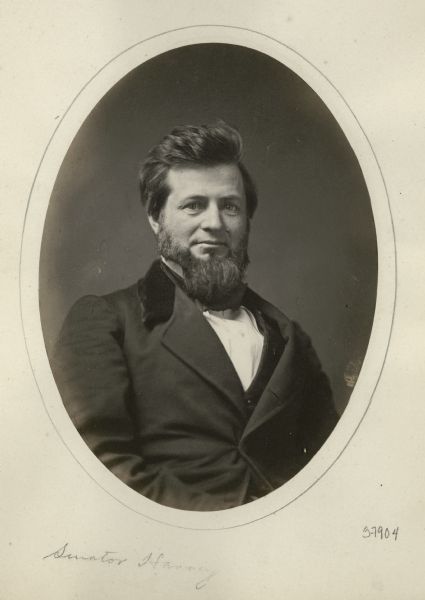 Portrait of Republican Louis P. Harvey, while he was Wisconsin secretary of state (1860-1861). Harvey became governor in January, 1862, but drowned in the Tennessee River on April 19, 1862, while visiting injured Wisconsin soldiers. This is an unusual photograph for its time because Harvey appears to be smiling.