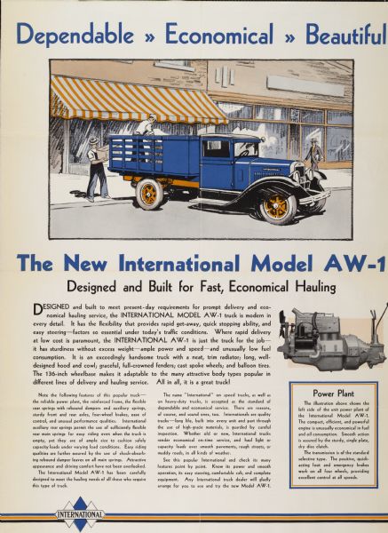 Advertising poster for the International Model AW-1 truck (Special Delivery) featuring color illustration. Includes the text: "Designed and Built for Fast, Economical Hauling."