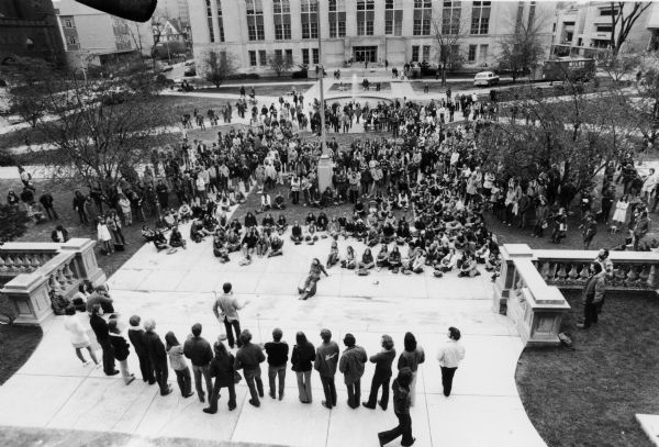 Elevated view of a student protest on the Library Mall at the University of Wisconsin-Madison campus.