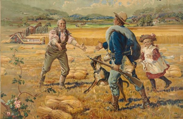 Chromolithograph advertising poster for the McCormick grain binder showing a father, young girl, and a dog welcoming a returning Spanish-American War soldier. Includes the text: "Back from the war." Printed for the McCormick Harvesting Machine Company by Ketterlinus.
