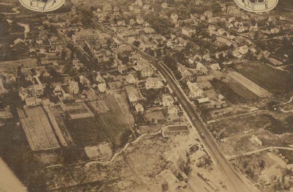 Aerial view of town. Caption reads: "No. 25. Markesan, in Green Lake county, on state trunk highway 103, is a town of homes. Its inhabitants number 1,000."