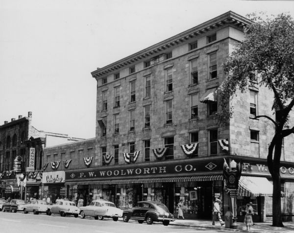 F.W. Woolworth store on East Main Street at Monona Avenue (now Martin Luther King, Jr., Boulevard), showing the old Vilas block (aka Pioneer Building).