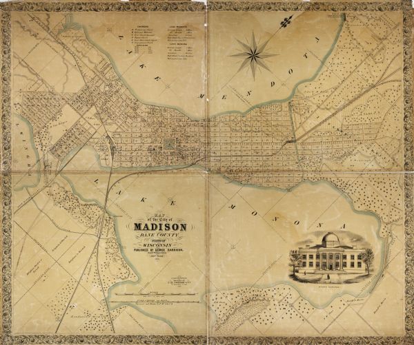 Map of the city of Madison, Dane County, published by George Harrison, surveyed and drawn by P. McCabe, and engraved by J.H. Colton & Co., New York. In addition to the streets and various natural features, the map shows a footprint of the built environment.