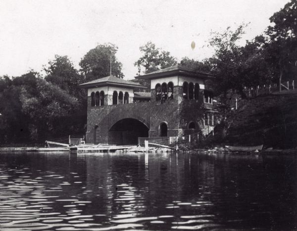 Exterior view from the lake of the Madison City Boathouse at the foot of North Carroll Street on Lake Mendota. It was an early design of Frank Lloyd Wright.