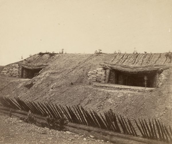 Exterior view of Civil War fortification Fort Harrison showing embrasures and parapets of casemates.
