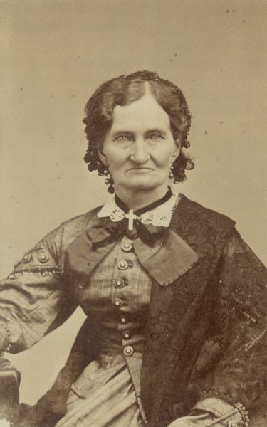 Waist-up portrait of Mrs. Roseline Peck, born 1808 - died 1898, the first white woman in Madison, Wisconsin. She was the wife of the first tavern keeper, Eben Peck.