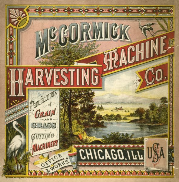 Cover of a McCormick Harvesting Machine Company fair circular (catalog). The cover is illustrated with a lake and mountain scene and includes the text "Manufacturers of Grain, and Grass Cutting Machinery."