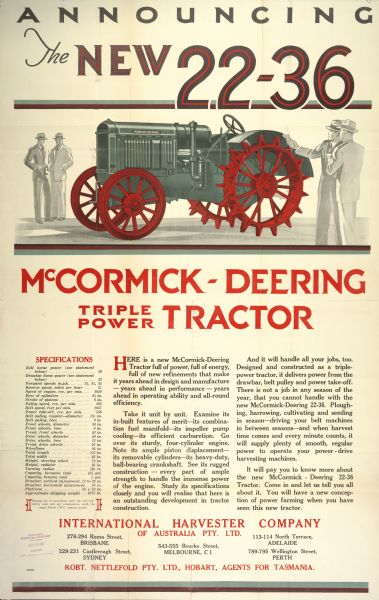 Advertising poster for the McCormick-Deering 22-36 tractor distributed by International Harvester Company of Australia. Includes written specifications and a color illustration of the tractor with four men admiring its features.