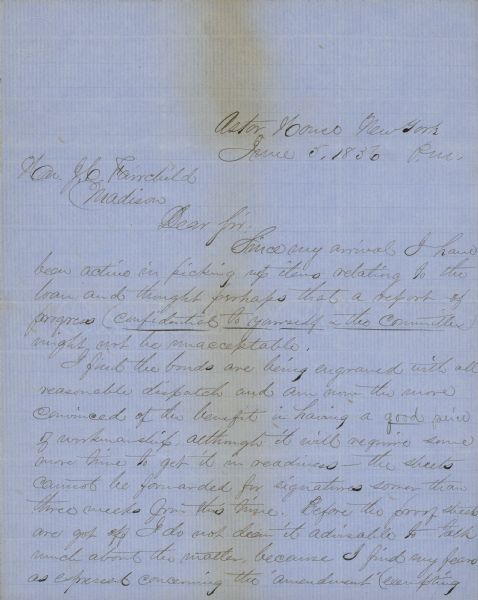 Letter from Napoleon Bonaparte Van Slyke to Mayor Jairus Fairchild, from the Astor House, New York, describing the sale of city bonds.