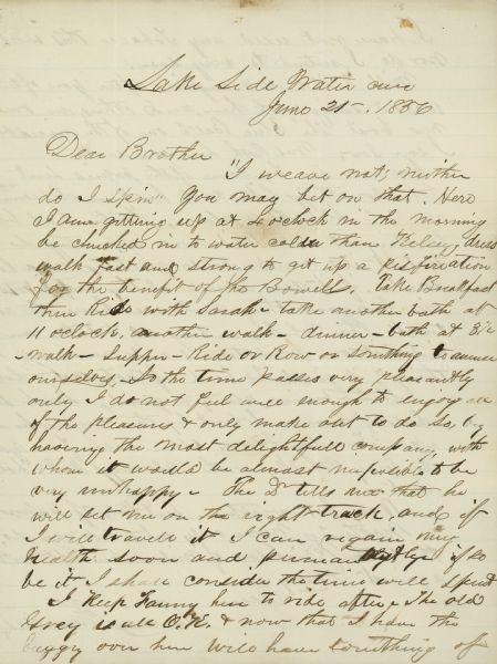 Handwritten letter of Lucius Fairchild from the Madison Watercure detailing his experiences there.