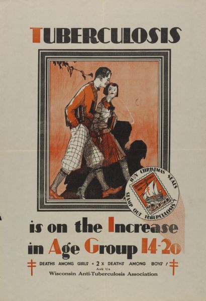 Poster produced by the Anti-Tuberculosis Association showing a young man and woman walking together with books under their arms. Includes the text "Tuberculosis is on the increase in age group 14-20."
