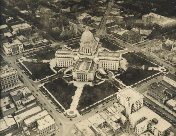 Aerial view of the Wisconsin State Capitol looking west south-west.