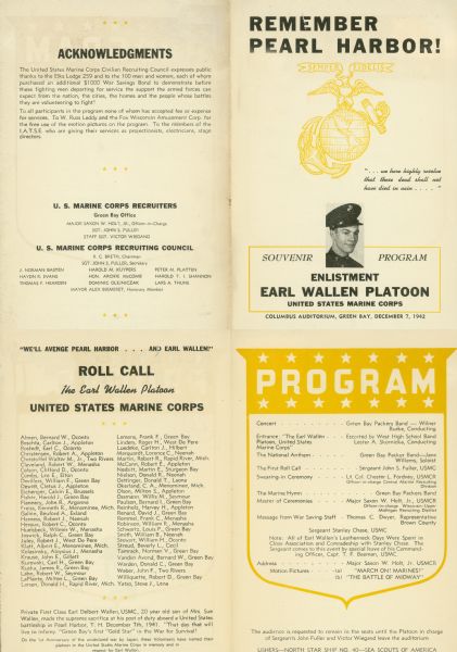 A souvenir program entitled "Remember Pearl Harbor!" for an event at Columbus Auditorium in Green Bay. The program includes roll call of the Earl Wallen Platoon.
