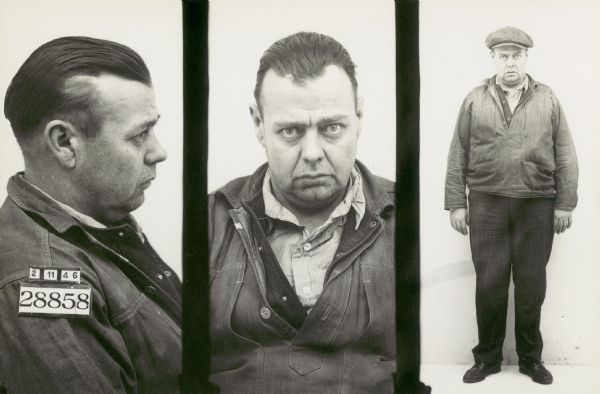 Prisoner photograph of Virgil Valorous Ishmael, inmate number 28858, a truck driver convicted of issuing worthless checks.