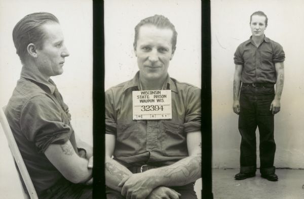 Prison photograph of Henry G. Baxter, inmate number 32394, a tavern and restaurant keeper convicted of selling mortgaged property.