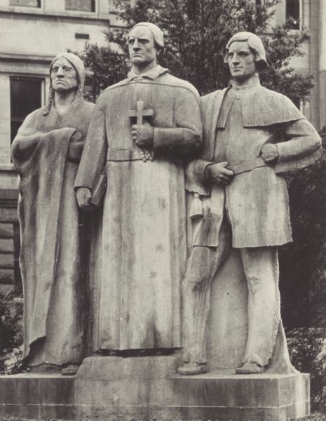 "Spirit of the Northwest" monument by Sidney Bedore, on the grounds of the Brown County Court House. Represented, left to right: a member of the Fox Tribe, Claude Allouez, S.J., a French missionary and Nicolas Perrot, the first Governor of the old Northwest Territory. View from the side.