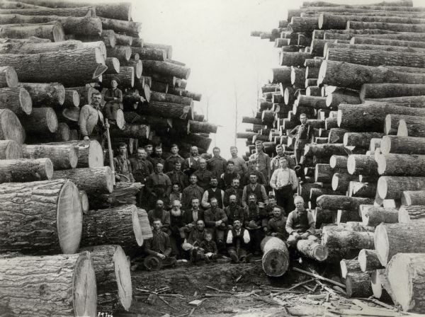 Loggers posed between two large stacks of logs near Antigo, perhaps the camp of D. Sulivan.