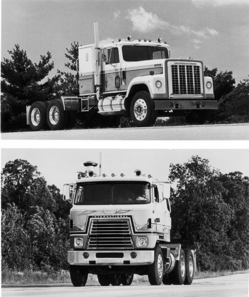 International Transtar Eagle Semi Tractors. The top image is of a conventional cab. The bottom image shows the cabover model. The images were originally part of a press release announcing the new models.
