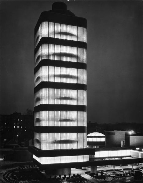 Nighttime elevated view of the S.C. Johnson Wax Company research tower, designed by Frank Lloyd Wright.
