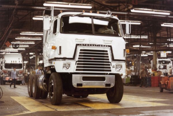 View of an International Transtar Eagle semi tractor driving off the assembly line at International Harvester's Fort Wayne Works.