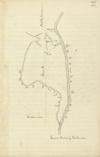 Drawn map of the Catawba River, fishing creek, and surrounding landscape from the Sumter Papers.