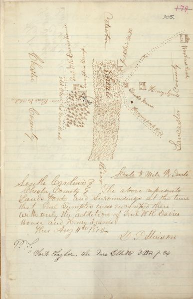 Drawn map of Landsford, South Carolina, from Thomas Sumter Papers.