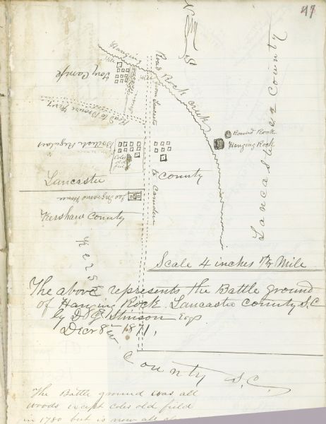 Drawn map of Hanging Rock Battlefield from the Thomas Sumter Papers.