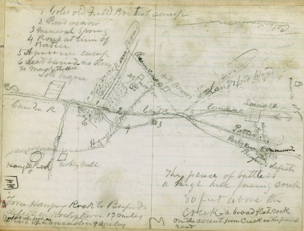 Drawn map of the Hanging Rock Battlefield in the Thomas Sumter Papers.