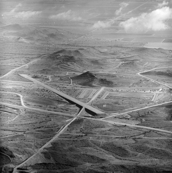 Aerial view of International Harvester's Phoenix Proving Ground. Opened in 1947, the proving ground was used by International Harvester through the 1970's to test trucks and construction equipment under harsh desert conditions.