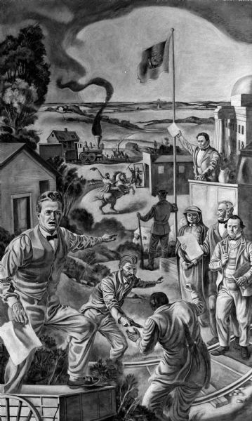 Left panel of the Wisconsin History Centennial mural by William A. McCloy.  Assuming a prominent place is Robert M. La Follette, Sr.  He is standing in front of the Ripon school house, the birthplace of the Republican Party.  To the left is a depiction of the assassination of Charles Arndt. Between the rails stands Governor Coles Bashford and beside him is James Duane Doty. In the background the Wisconsin State Capitol can be seen.