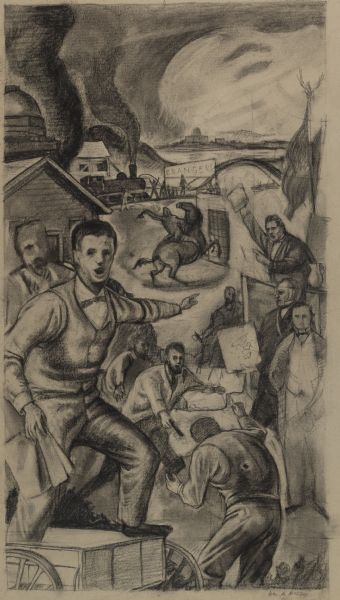 A preliminary sketch for the left panel of the Centennial Mural in the Wisconsin Historical Society.  The panel represents Wisconsin's political history.  Assuming a prominent place in the sketch is "Fighting Bob" La Follette in front of the Ripon school house, which is to the left of a depiction of the assassination of Charles Arndt.  Between the rails stands Governor Coles Bashford and beside Bashford is James Duane Doty. In the background the Wisconsin State capitol can be seen.