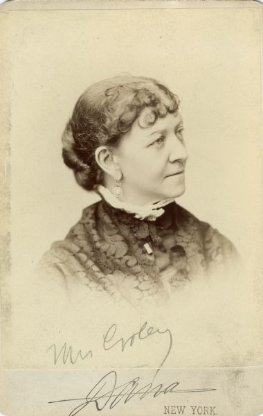 Quarter-length vignetted portrait of Jane Cunningham Croly ("Jennie June"), founder of the first national woman's club, Sorosis.