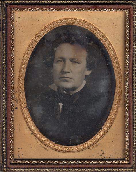 Quarter plate daguerreotype of Wisconsin Supreme Court Justice (1853-1859), Abram D. Smith. Quarter length pose facing forward, in stand collar and tie.