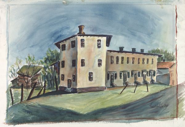 Watercolor of the "Old Milton House" done by Mrs. Louise Westley of Fort Atkinson, Wisconsin. The Milton House was supposedly a part of the Underground Railroad during the Civil War. The house was built in 1845 by Joseph Goodrich and turned into an Inn. The frame house and log cabin behind the Inn were also built by Goodrich, along with the Milton House Tavern. The Milton House was later taken over and turned into a museum.
