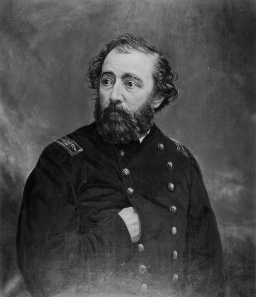 Formal portrait of William L. Utley, former Adjutant General of Wisconsin, with his hand inside his uniform jacket. This was copied from an oil painting by Alfred Payne.