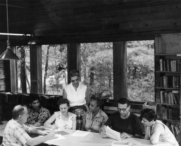Staff meeting at Highlander School. From left to right: Henry Shipherd; unknown; Betty Shipherd; Zilphia Horton; Septima Clark; Myles Horton; Julie Mabee.