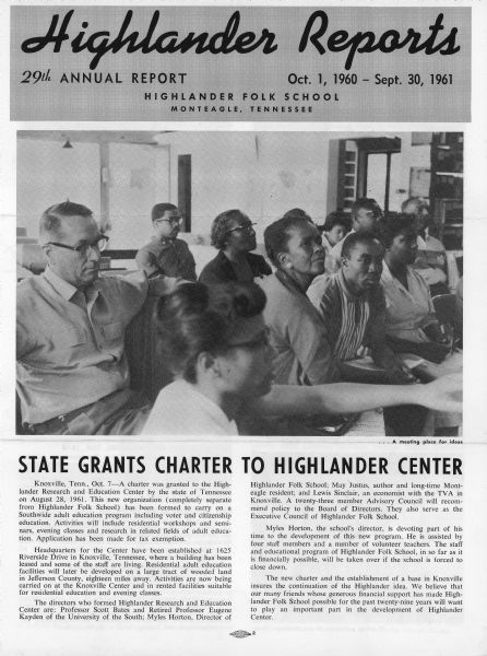 Front cover of the Highlander Reports, October 1, 1960-September 30, 1961. There is an image on the cover of a meeting attended by Myles Horton at Highlander School.