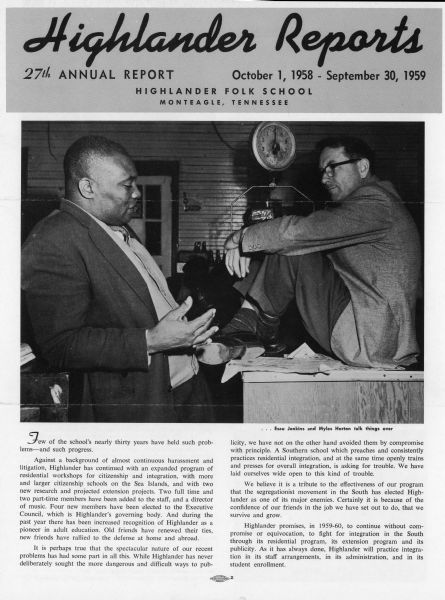 Front cover of the Highlander Reports, October 1, 1958-September 30, 1959, with an image of Esau Jenkins and Myles Horton.