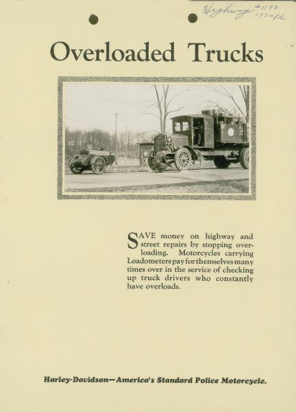 Advertisement promoting the use of Harley Davidson Motorcycles equipped with Loadometers that are used for checking up on trucks that have weight overloads.