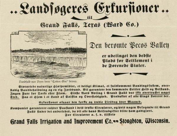 Advertisement in Norwegian for land in Grand Falls, Ward County, Texas.
