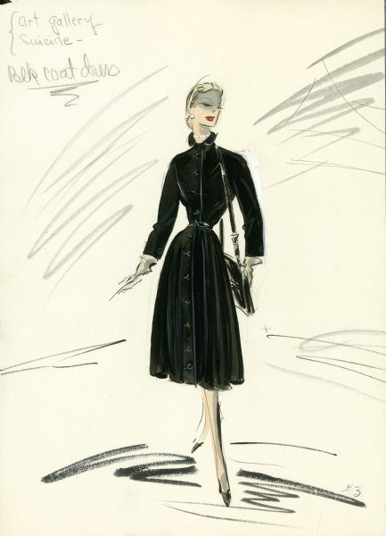 Black dress, fitted at the waist, designed by Edith Head for "Vertigo" (Paramount 1958).