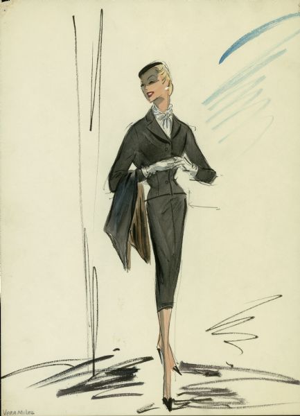 Black two-piece suit with shawl and hat. Edith Head design for the film "Vertigo" (Paramount 1958).