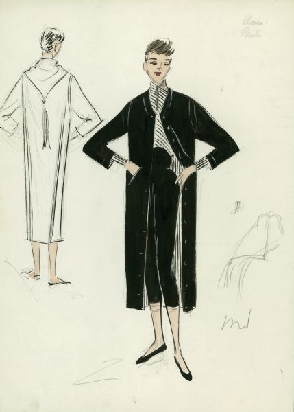 Two costume design sketches (front and back of costume) for black high-waist slacks, black and white striped high-neck blouse, and long black coat with a hood and tassel hanging down in back. For shoes, black flats are shown. On the back of this Edith Head design for Audrey Hepburn's role in "Sabrina" (Paramount, 1954), 10 yards of black silk and 8 yards of striped material is invoiced.

See Image ID: 42690 for another drawing of the same costume.