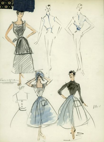 Six sketches in pencil, ink, and watercolor for a skirt, blouse, and apron designed by Edith Head for Audrey Hepburn in the film "Sabrina" (Paramount, 1954). Two fabric samples are attached: a navy, red, green and white cotton print and a blue chambray. "Rubber apron" is noted in pencil.