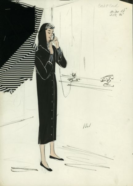 Black hooded button-up midi-length jacket shown with samples of black silk and black and white striped fabric designed by Edith Head for Audrey Hepburn in the film "Sabrina" (Paramount 1954).