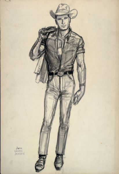 Western ensemble of jeans, shirt, boots, and cowboy hat designed by Edith Head for Paul Newman in the film "Hud" (Paramount, 1963).