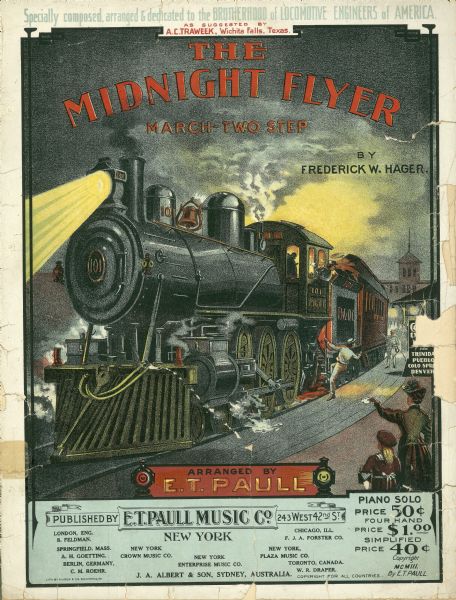 Cover of piano music, showing a train at night with headlight on, titled "The Midnight Flyer," March Two-Step. Arranged by E.T. Paull.