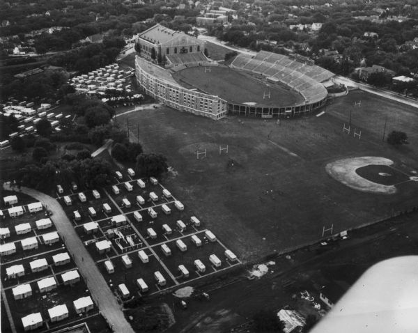 Aerial view of one hundred ninety government surplus trailers, parked near Camp Randall, provided temporary housing for World War II veterans and their families.